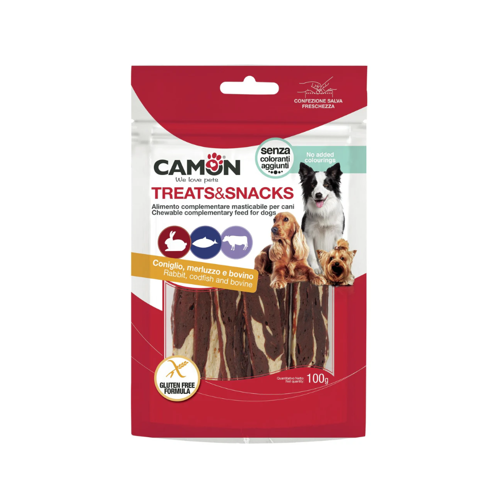 CAMON Chewy Stripes Pollo, Merluzzo e Bovino 100gr | Snack per Cani