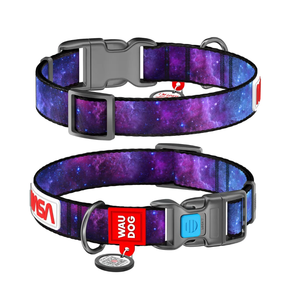 COLLARE WAU DOG NASA NYLON PER CANI CON QR CODE CHIUSURA IN PLASTICA TG L 25 MM X 31/49 CM