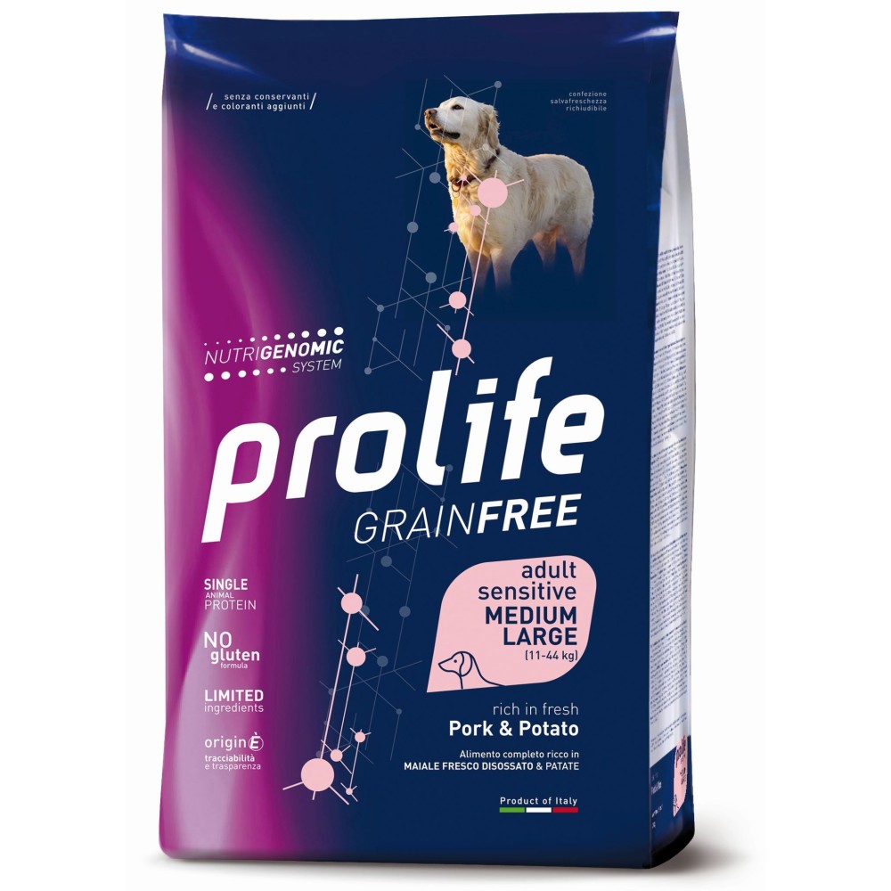 PROLIFE DOG GRAIN FREE SENITIVE ADULT MEDIUM/LARGE MAIALE E PATATE 10KG