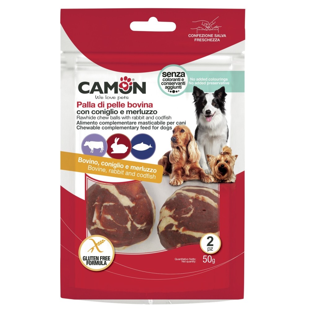 CAMON Palla di Pelle Bovina con Coniglio e Merluzzo | Gioco per Cani